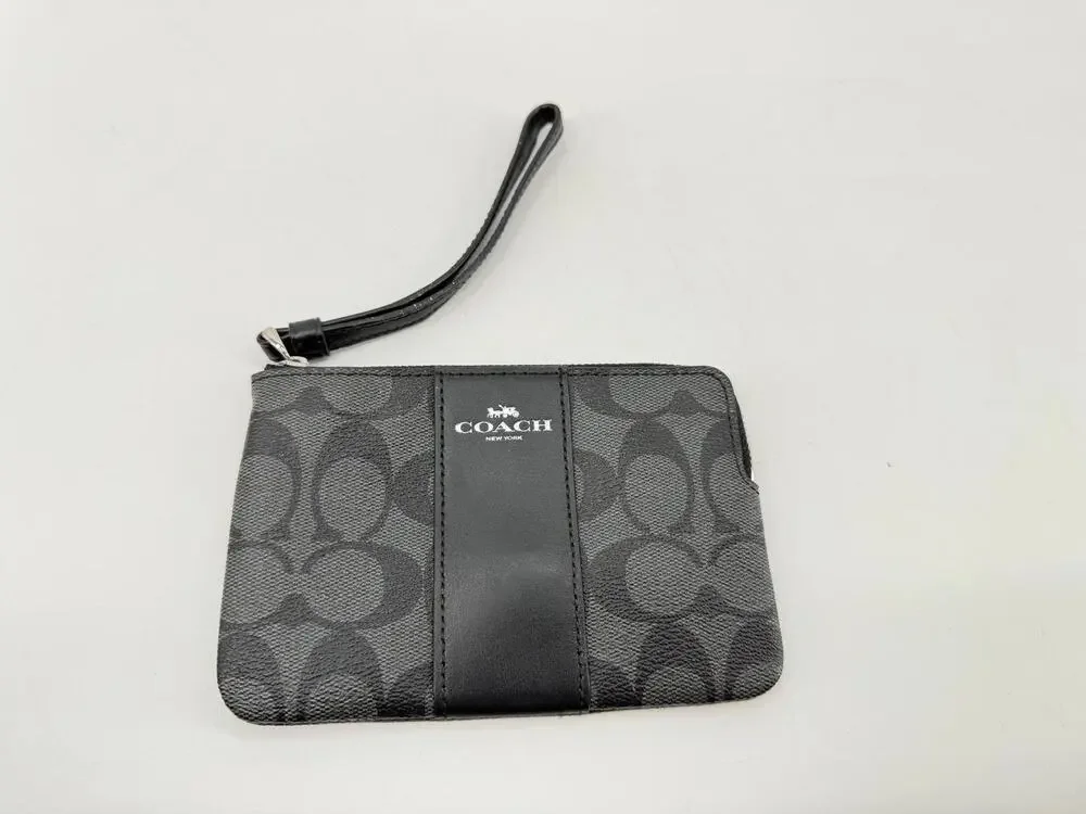 Coach F58035 Signature Corner Zip Wristlet Wallet Black Gray PVC Leather